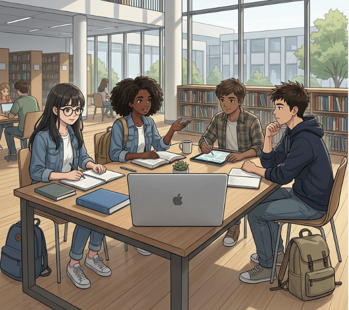 Jeunes qui discutent autour d'un ordinateur